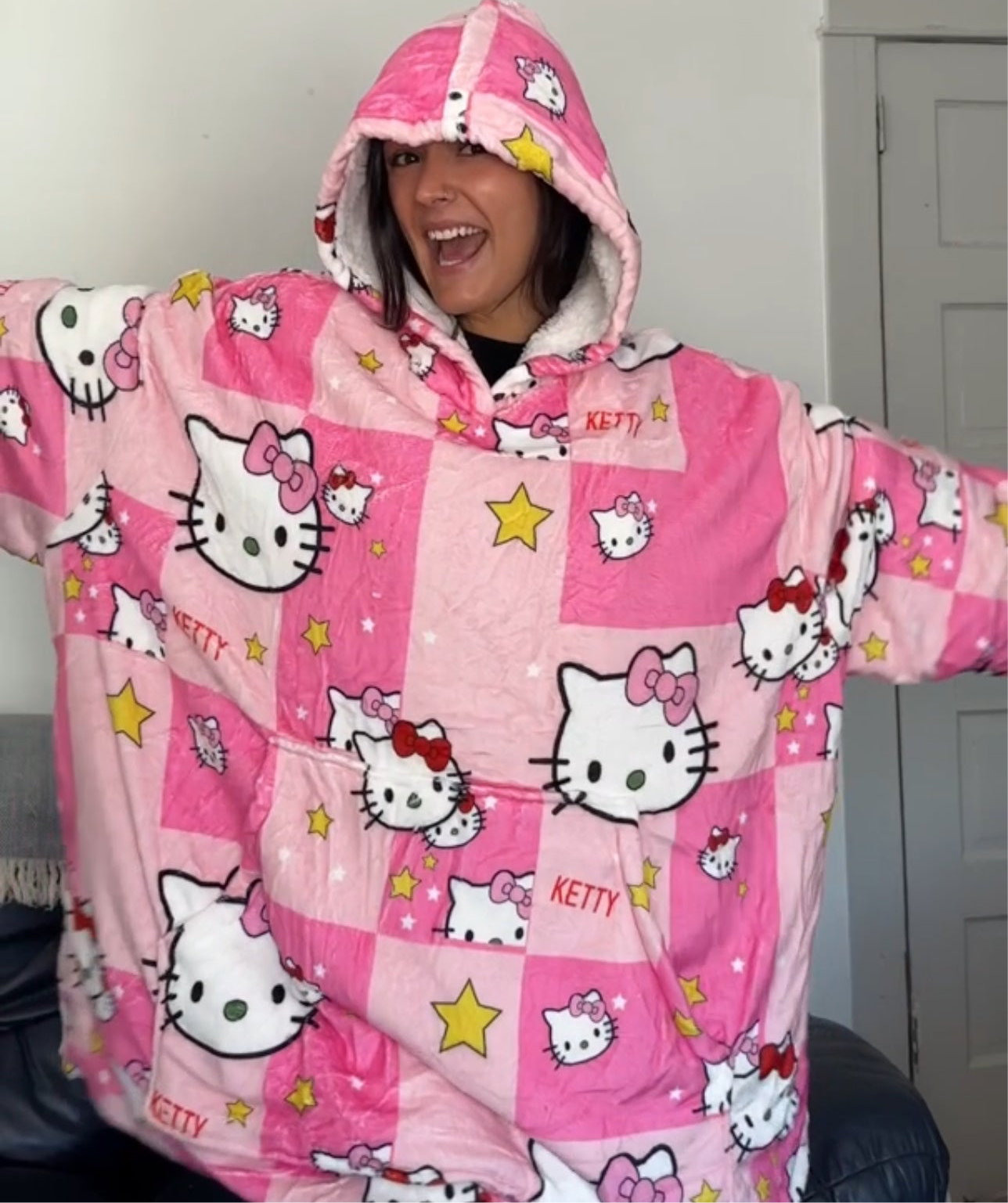 Anime Blanket Hoodie oversize snuggle Sherpa Hello Kitty