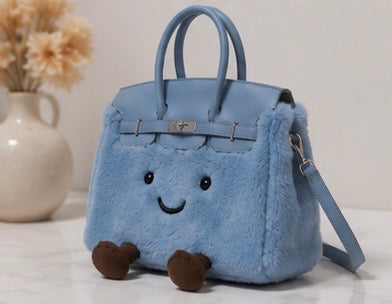 Fluffy Plush designer Handbag – Cute Luxury bag light blue