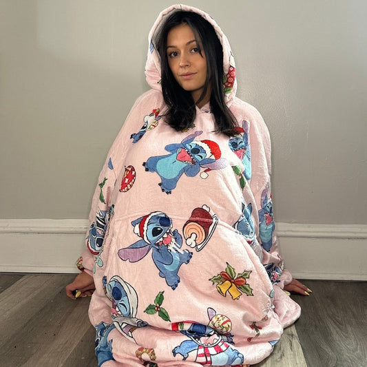 Holiday Stitch Oversized Blanket Hoodie – Pink Sherpa Hoodie for Adults &Kids unisex snuggle - Olm collectibles