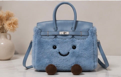 Fluffy Plush designer Handbag – Cute Luxury bag light blue