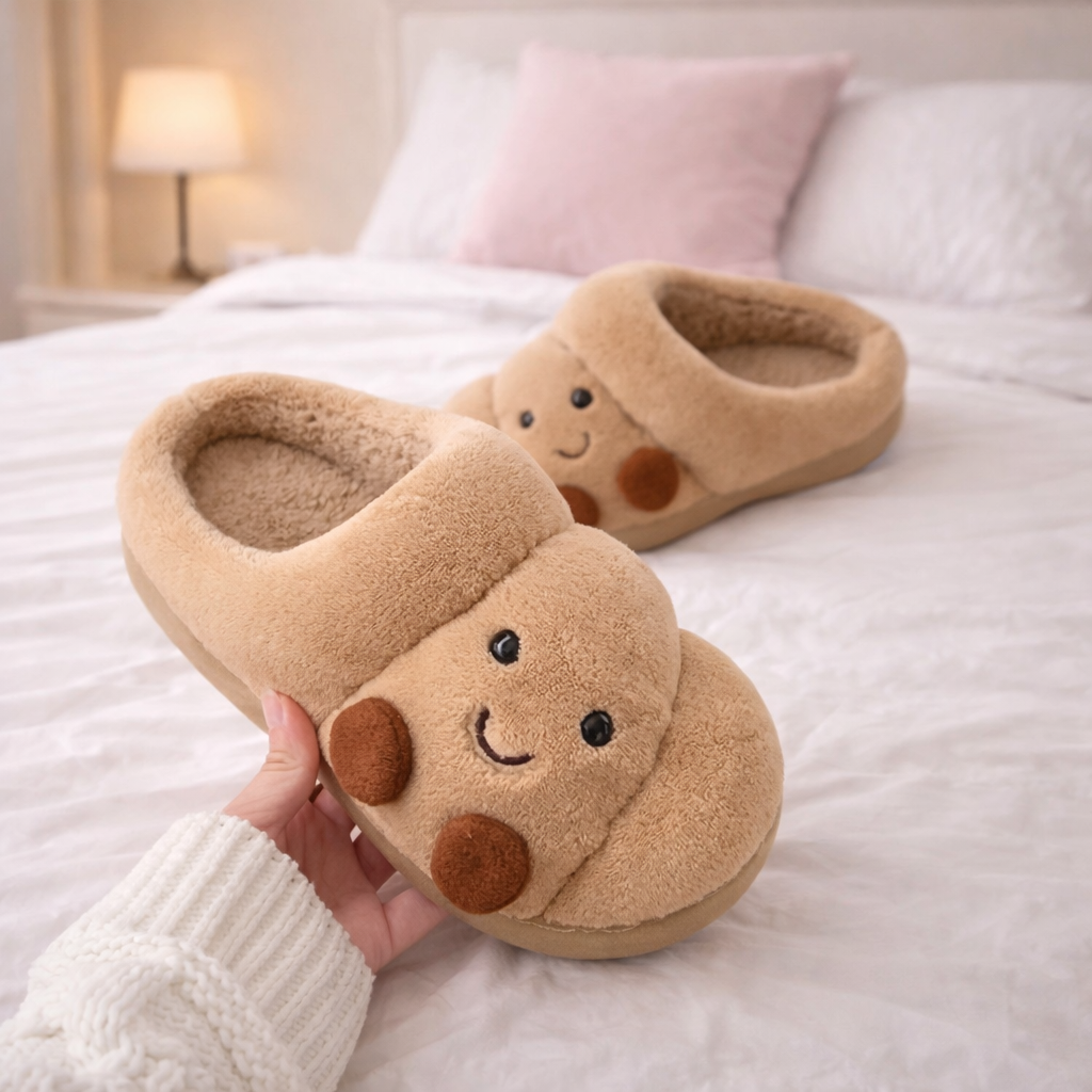 Croissant Face Plush Slippers  Unisex men and women