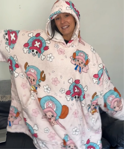Anime Blanket Hoodie  oversize snuggle Sherpa Tony Chopper One Piece unisex adults and kids