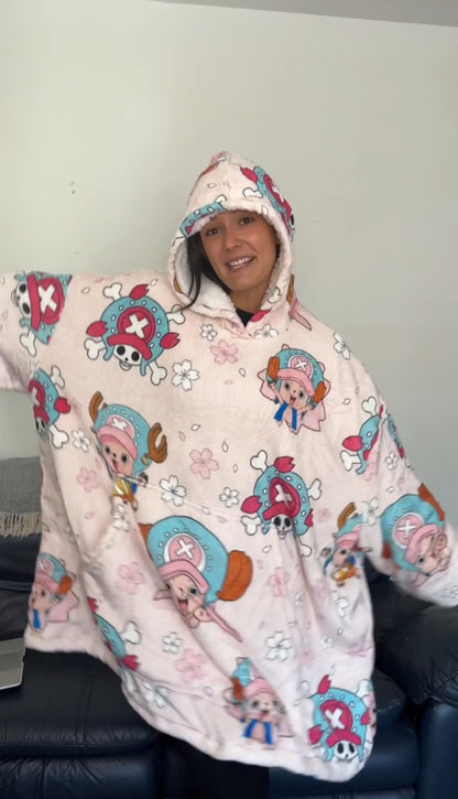 Anime Blanket Hoodie  oversize snuggle Sherpa Tony Chopper One Piece unisex adults and kids