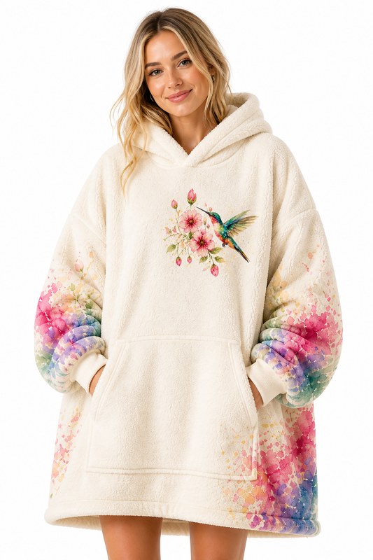 Bloom Hummingbird Blanket Hoodie – Oversized Cozy Floral Fleece Hoodie