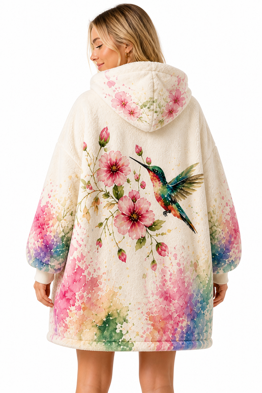 Bloom Hummingbird Blanket Hoodie – Oversized Cozy Floral Fleece Hoodie