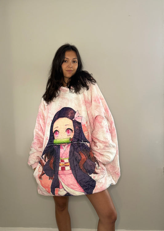 Anime Blanket Hoodie  oversize snuggle Sherpa Kamado Nezuko Demon Slayer