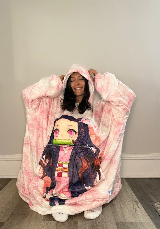Anime Blanket Hoodie  oversize snuggle Sherpa Kamado Nezuko Demon Slayer