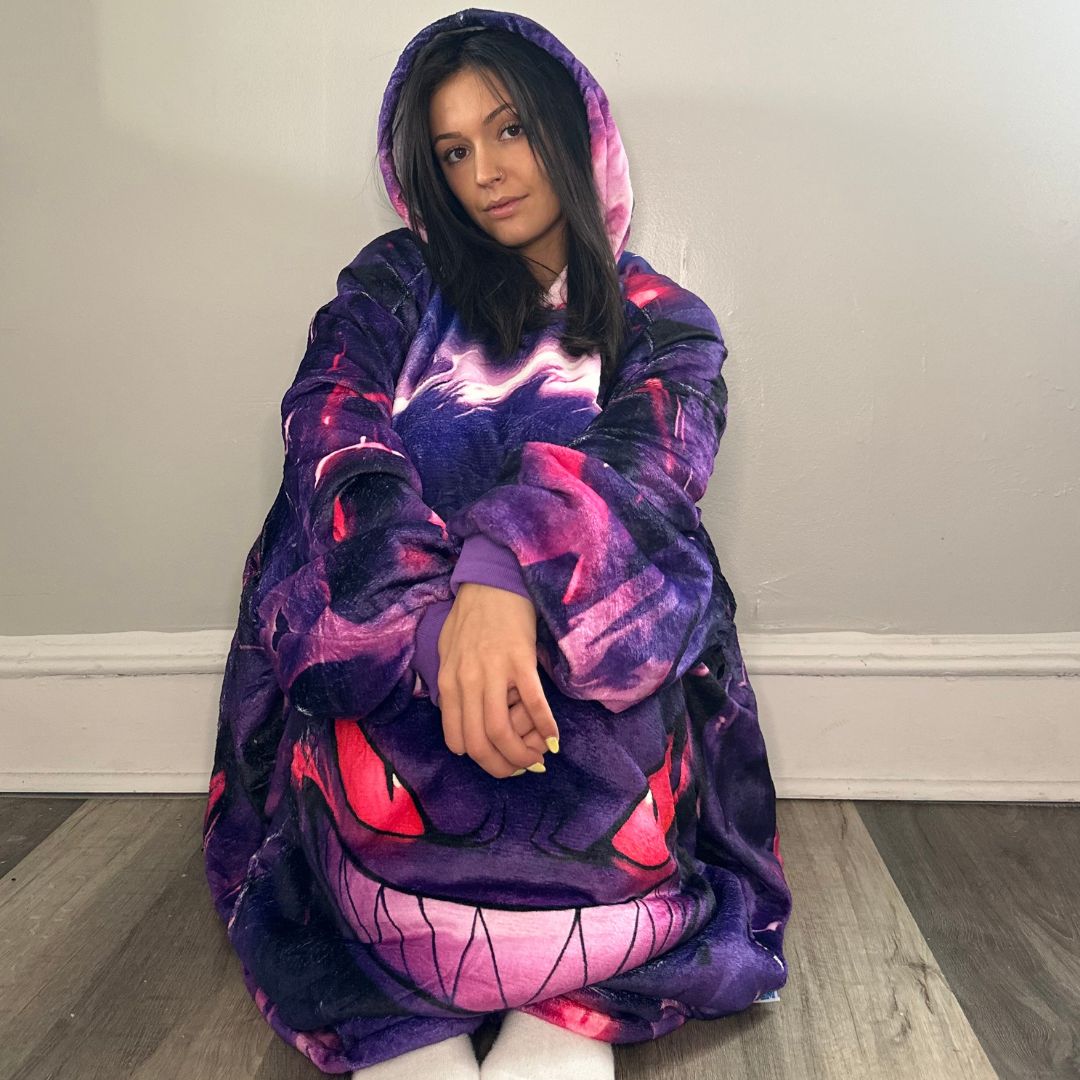 Gengar Oversized Blanket Hoodie – Glow - Inspired Sherpa Hoodie for Adults & Kids - Olm collectibles
