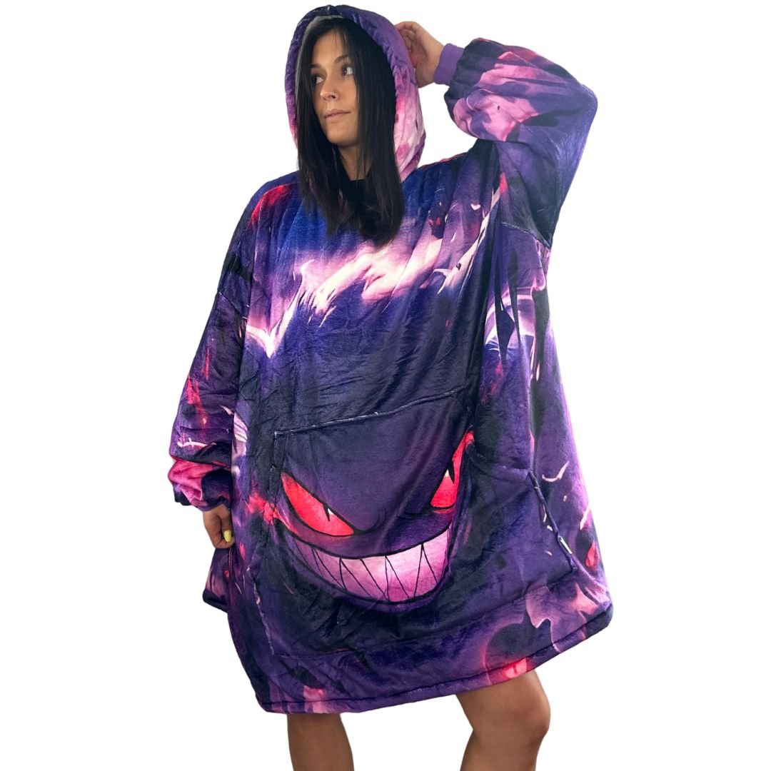Gengar Oversized Blanket Hoodie – Glow - Inspired Sherpa Hoodie for Adults & Kids - Olm collectibles