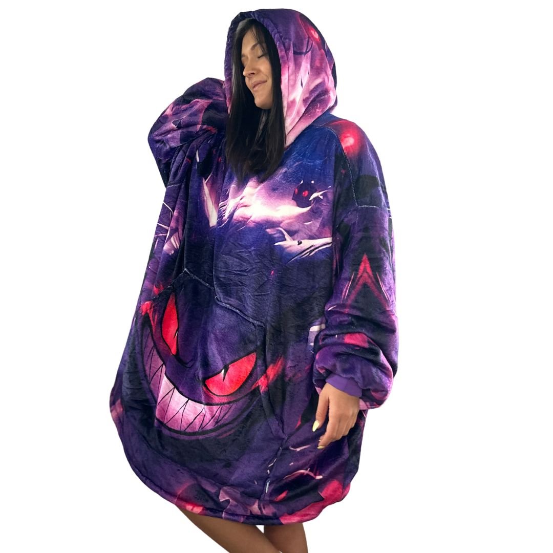 Gengar Oversized Blanket Hoodie – Glow - Inspired Sherpa Hoodie for Adults & Kids - Olm collectibles