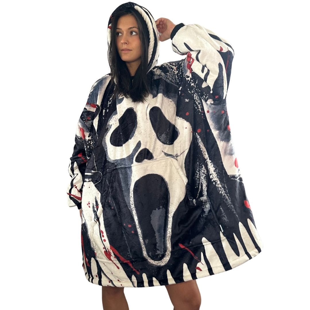 Ghost Face Horror Blanket Hoodie – Oversized Sherpa Hoodie unisex for Adults &Kids - Olm collectibles