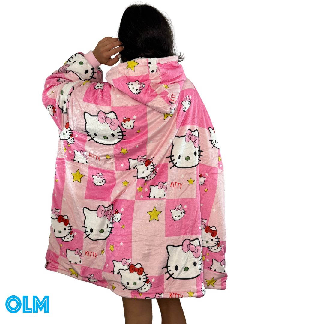 Anime Blanket Hoodie  oversize snuggle Sherpa Hello Kitty unisex adults and kids