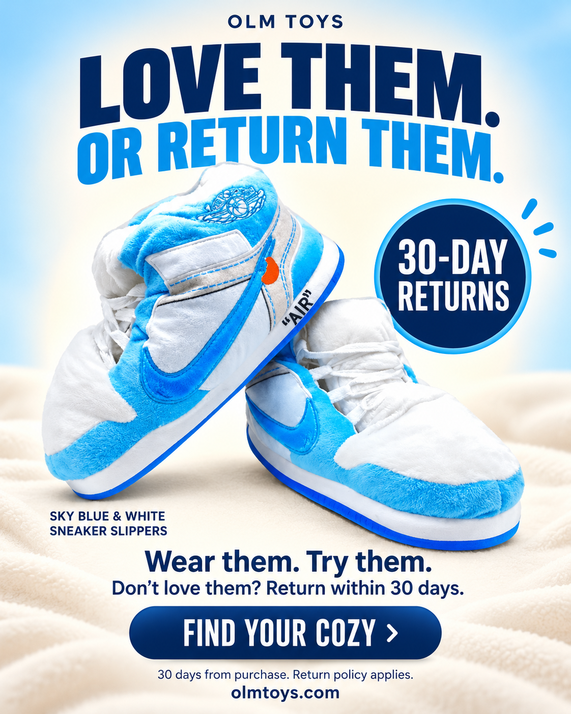 Off-White blue Sneaker Slippers - returns static ad