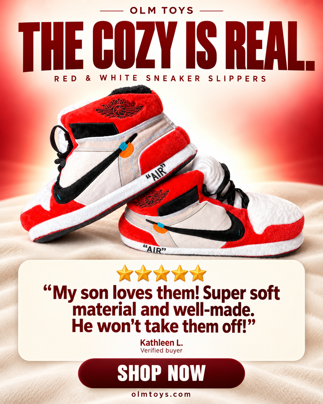 Off-white red sneaker slippers - testimonial static ad