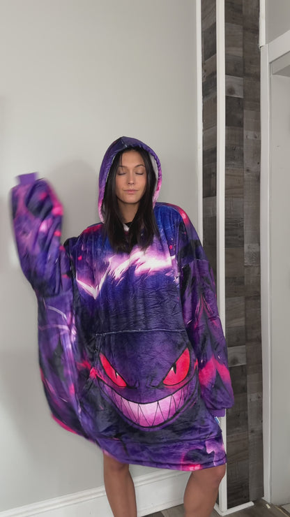 Gengar Oversized Blanket Hoodie – Glow-Inspired Sherpa Hoodie for Adults & Kids